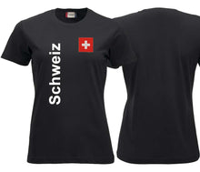 Carica l&#39;immagine nel visualizzatore di Gallery, T-Shirt Damen Schwarz mit Schweizerkreuz und Text Schweiz
