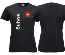 Charger l&#39;image dans la galerie, T-Shirt Damen Schwarz mit Schweizerkreuz und Text Suisse
