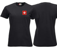 Charger l&#39;image dans la galerie, T-Shirt Damen Schwarz mit Schweizerkreuz
