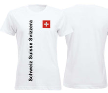 Carica l&#39;immagine nel visualizzatore di Gallery, T-Shirt Weiss Damen mit Schweizerkreuz und Text Schweiz Suisse Svizzera
