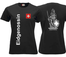 Carica l&#39;immagine nel visualizzatore di Gallery, Damen T-Shirt Schwarz, Eidgneossin mit Schweizerkreuz und Helvetia
