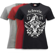 Carica l&#39;immagine nel visualizzatore di Gallery, T-Shirt Damen mit Schweizer Kuh und Matterhorn und Text Schweiz Suisse Svizzera Svizra 1291 Confoederatio Helvetica
