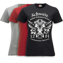 Charger l&#39;image dans la galerie, T-Shirt Damen mit Schweizer Kuh und Text Schweiz Suisse Svizzera Svizra 1291 Confoederatio Helvetica
