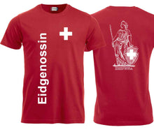 Load image into Gallery viewer, T-Shirt Rot, Eidgenossin mit Schweizerkreuz und Helvetia
