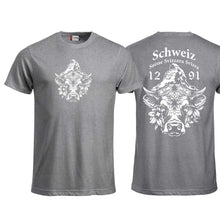 Carica l&#39;immagine nel visualizzatore di Gallery, T-Shirt Graumeliert mit Schweizer Kuh und Matterhorn und Text Schweiz Suisse Svizzera Svizra 1291 Confoederatio Helvetica
