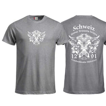 Load image into Gallery viewer, T-Shirt Graumeliert mit Schweizer Kuh und Text Schweiz Suisse Svizzera Svizra 1291 Confoederatio Helvetica
