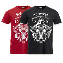 Carica l&#39;immagine nel visualizzatore di Gallery, T-Shirt Kinder mit Schweizer Kuh und Matterhorn und Text Schweiz Suisse Svizzera Svizra 1291 Confoederatio Helvetica
