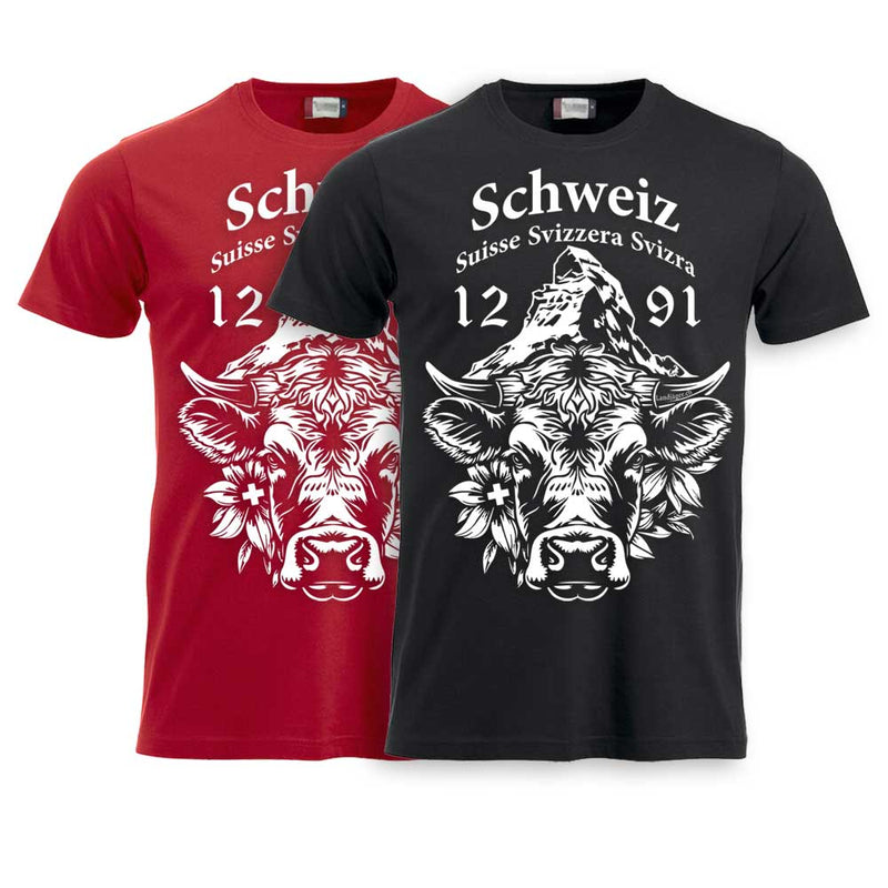 T-Shirt Kinder mit Schweizer Kuh und Matterhorn und Text Schweiz Suisse Svizzera Svizra 1291 Confoederatio Helvetica