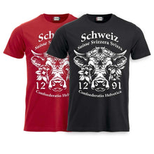 Charger l&#39;image dans la galerie, T-Shirt mit Schweizer Kuh und Text Schweiz Suisse Svizzera Svizra 1291 Confoederatio Helvetica
