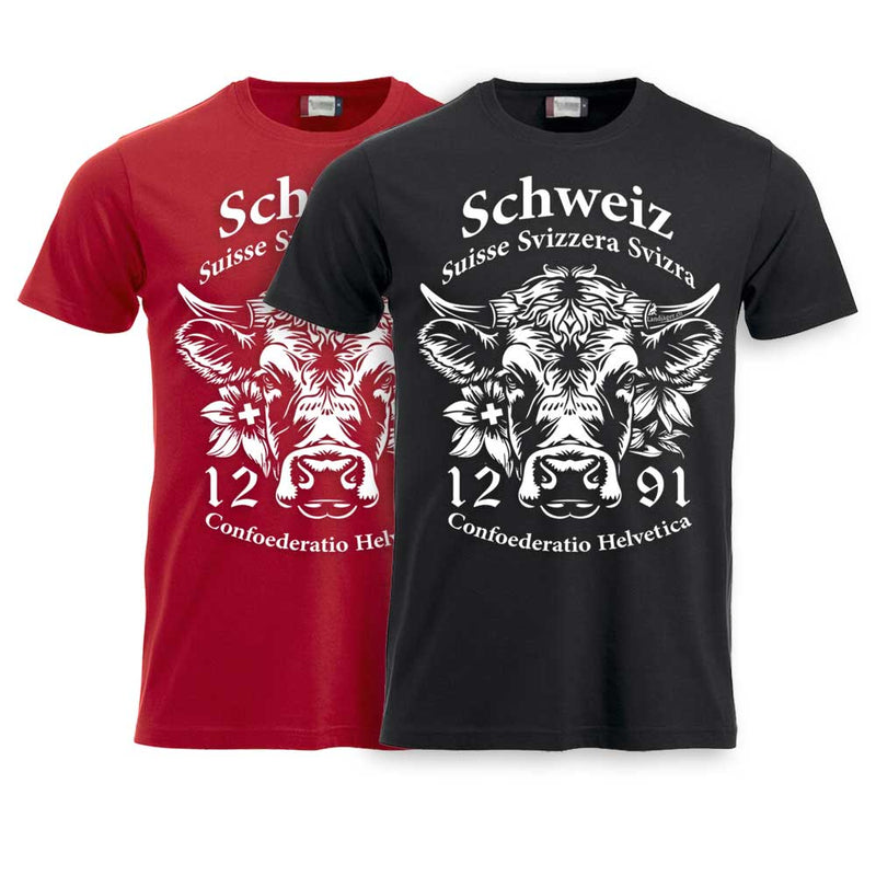 T-Shirt mit Schweizer Kuh und Text Schweiz Suisse Svizzera Svizra 1291 Confoederatio Helvetica