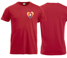 Load image into Gallery viewer, T-Shirt in Rot mit einem farbigen  (Regenbogen) Herz
