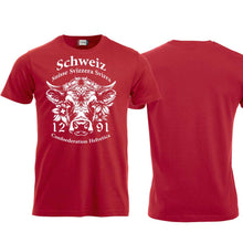 Charger l&#39;image dans la galerie, T-Shirt Rot mit Schweizer Kuh und Text Schweiz Suisse Svizzera Svizra 1291 Confoederatio Helvetica
