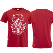 Load image into Gallery viewer, T-Shirt Rot mit Schweizer Kuh und Matterhorn und Text Schweiz Suisse Svizzera Svizra 1291 Confoederatio Helvetica
