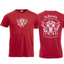 Charger l&#39;image dans la galerie, T-Shirt Rot mit Schweizer Kuh und Text Schweiz Suisse Svizzera Svizra 1291 Confoederatio Helvetica
