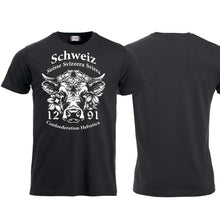 Load image into Gallery viewer, T-Shirt Schwarz mit Schweizer Kuh und Text Schweiz Suisse Svizzera Svizra 1291 Confoederatio Helvetica
