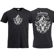 Carica l&#39;immagine nel visualizzatore di Gallery, T-Shirt Schwarz mit Schweizer Kuh und Matterhorn und Text Schweiz Suisse Svizzera Svizra 1291 Confoederatio Helvetica
