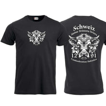 Carica l&#39;immagine nel visualizzatore di Gallery, T-Shirt Schwarz mit Schweizer Kuh und Text Schweiz Suisse Svizzera Svizra 1291 Confoederatio Helvetica
