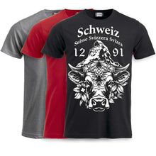 Carica l&#39;immagine nel visualizzatore di Gallery, T-Shirt mit Schweizer Kuh und Matterhorn und Text Schweiz Suisse Svizzera Svizra 1291 Confoederatio Helvetica
