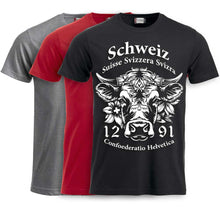 Load image into Gallery viewer, T-Shirt mit Schweizer Kuh und Text Schweiz Suisse Svizzera Svizra 1291 Confoederatio Helvetica
