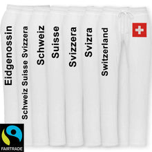 Charger l&#39;image dans la galerie, Trainerhose Weiss Bio &amp; Fairtraide mit Schweizerkreuz und Text
