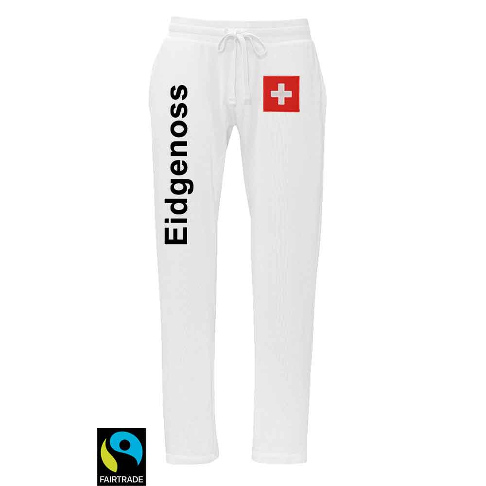 Trainerhose Weiss Bio & Fairtraide mit Schweizerkreuz und Text Eidgneoss