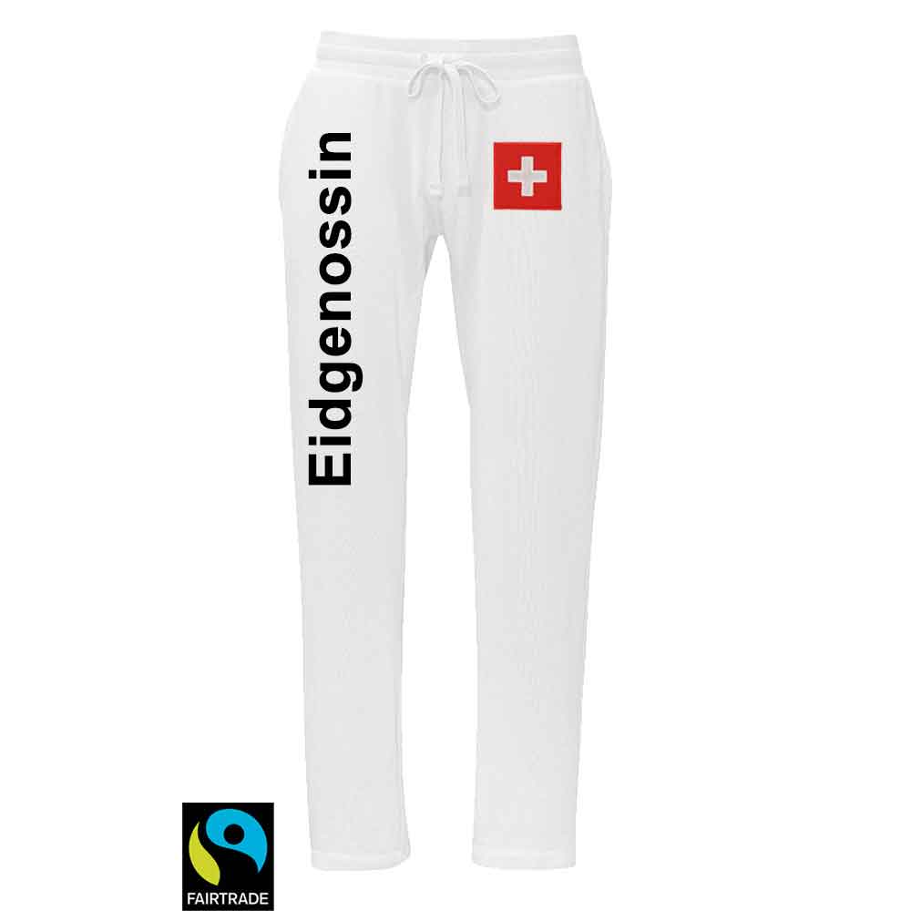 Trainerhose Weiss Bio & Fairtraide mit Schweizerkreuz und Text Eidgneossin